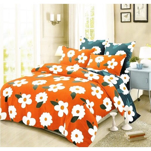 Lenjerie Relax Shop, Six Elastic Flori albe pe oranj, 2 persoane