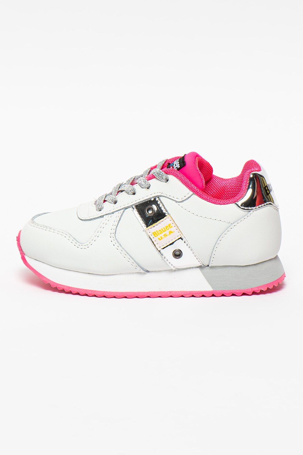 Blauer, Pantofi sport din piele ecologica cu garnituri din piele intoarsa Lilli, Alb/roz fucsia/argintiu, 31 EU