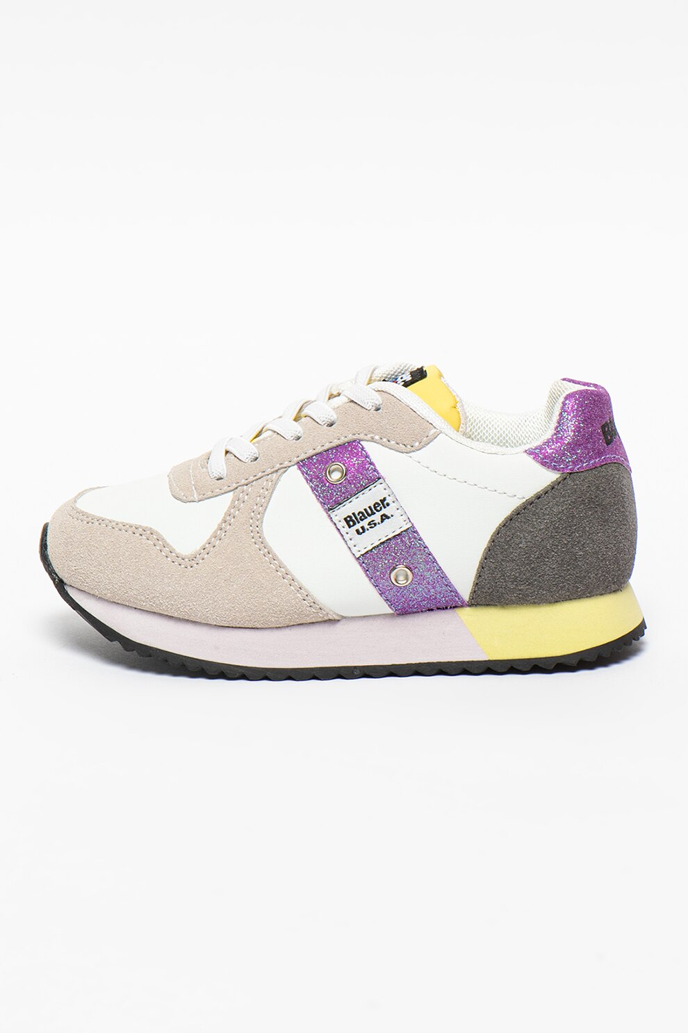 Blauer, Pantofi sport din piele ecologica cu garnituri din piele intoarsa Lilli, Alb optic/gri/lila, 29 EU