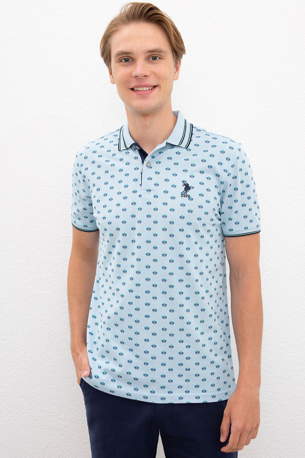 U.S. Polo Assn., Tricou polo regular fit cu imprimeu geometric, Albastru pal/Bleumarin