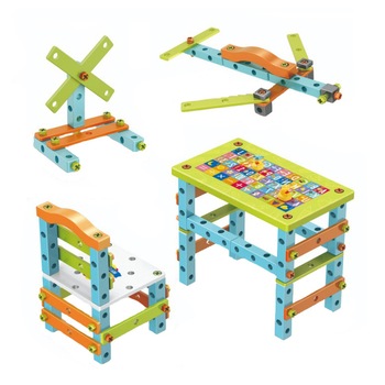 Set de joaca masuta si scaun de asamblat cu cuburi de construit, surubelnita, tabla cu cuburi si tabla cu litere, multiple moduri de asamblare Set de joaca masuta si scaun de asamblat cu cuburi de construit, surubelnita, tabla cu cuburi si tabla cu litere, multiple moduri de asamblare