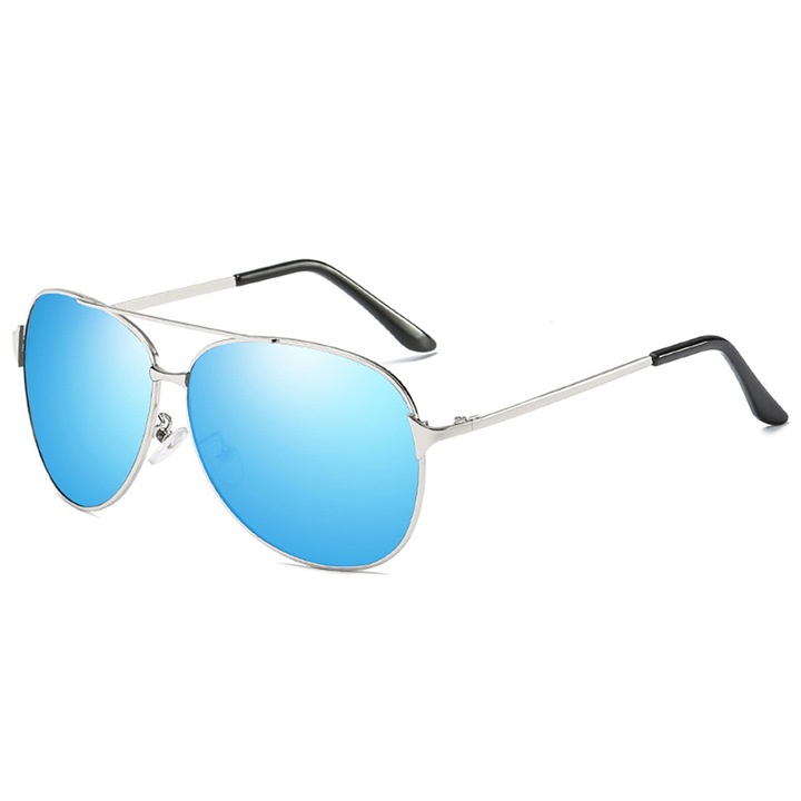 Ochelari de soare polarizati pentru barbati, Stil pilot, Protectie UV400, Albastru/Argintiu
