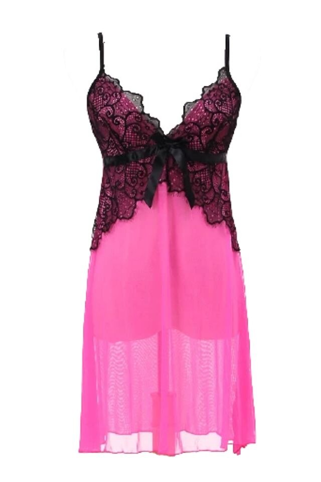 Camasa de noapte, OEM, nylon si dantela, Roz, One Size