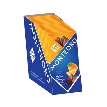 Pachet 15 buc. ciocolata cu lapte si portocale, Monteoro, fara zaharuri adaugate, 90g Pachet 15 buc. ciocolata cu lapte si portocale, Monteoro, fara zaharuri adaugate, 90g