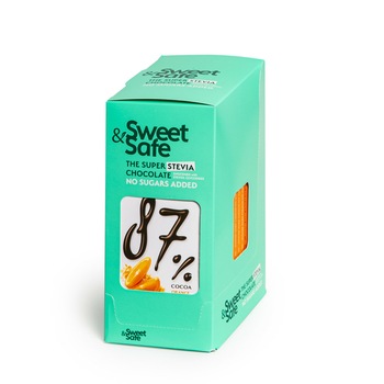 Pachet 15 buc. ciocolata neagra 87% cu portocale si indulcitor din Stevia, Sweet&Safe, fara zaharuri adaugate, 90g Pachet 15 buc. ciocolata neagra 87% cu portocale si indulcitor din Stevia, Sweet&Safe, fara zaharuri adaugate, 90g
