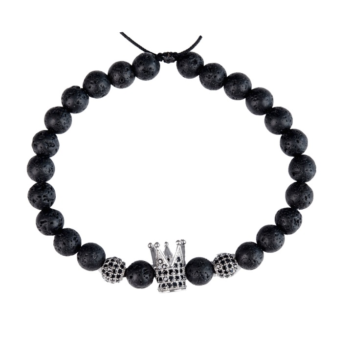 Bratara din pietre semipretioase, Lava si accesorii Cubic Zirconia, negru, reglabil