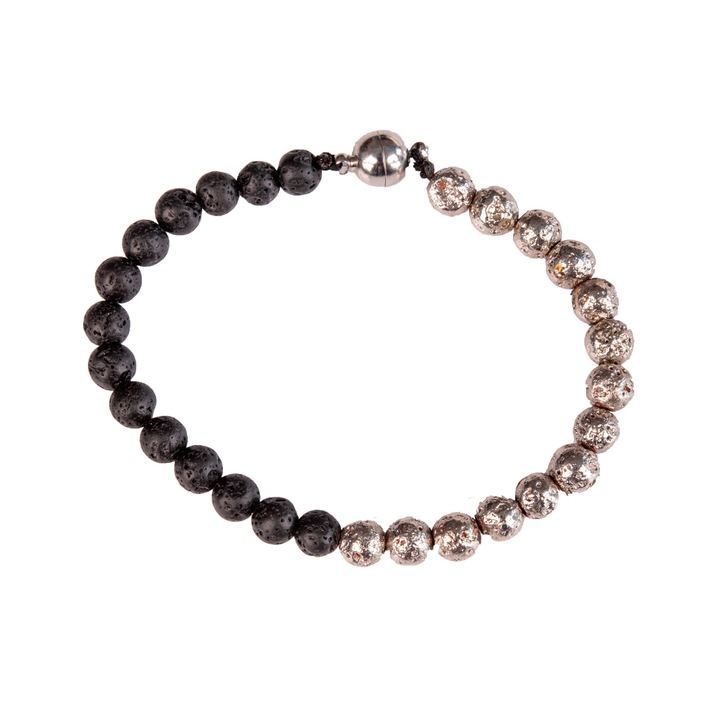Bratara din pietre semipretioase cu inchidere magnetica, Lava, negru si argintiu