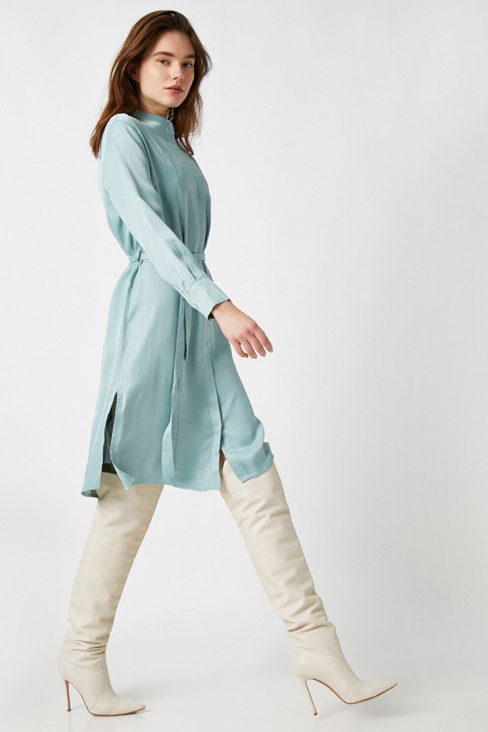 KOTON, Rochie tip camasa cu guler Mao, Turcoaz, XL