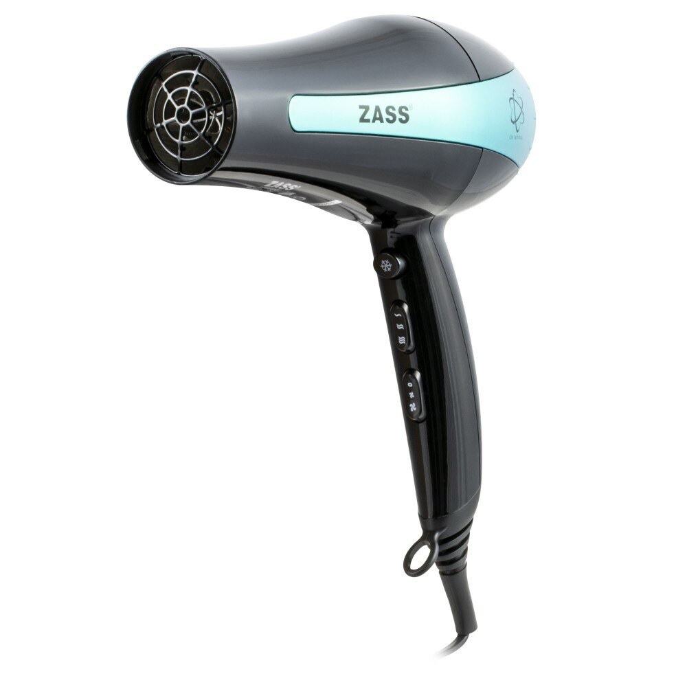 Uscator de par Zass, 1800 W - 2200 W, 2 viteze, 3 setari temperatura, functie ionizare si aer rece, negru cu albastru