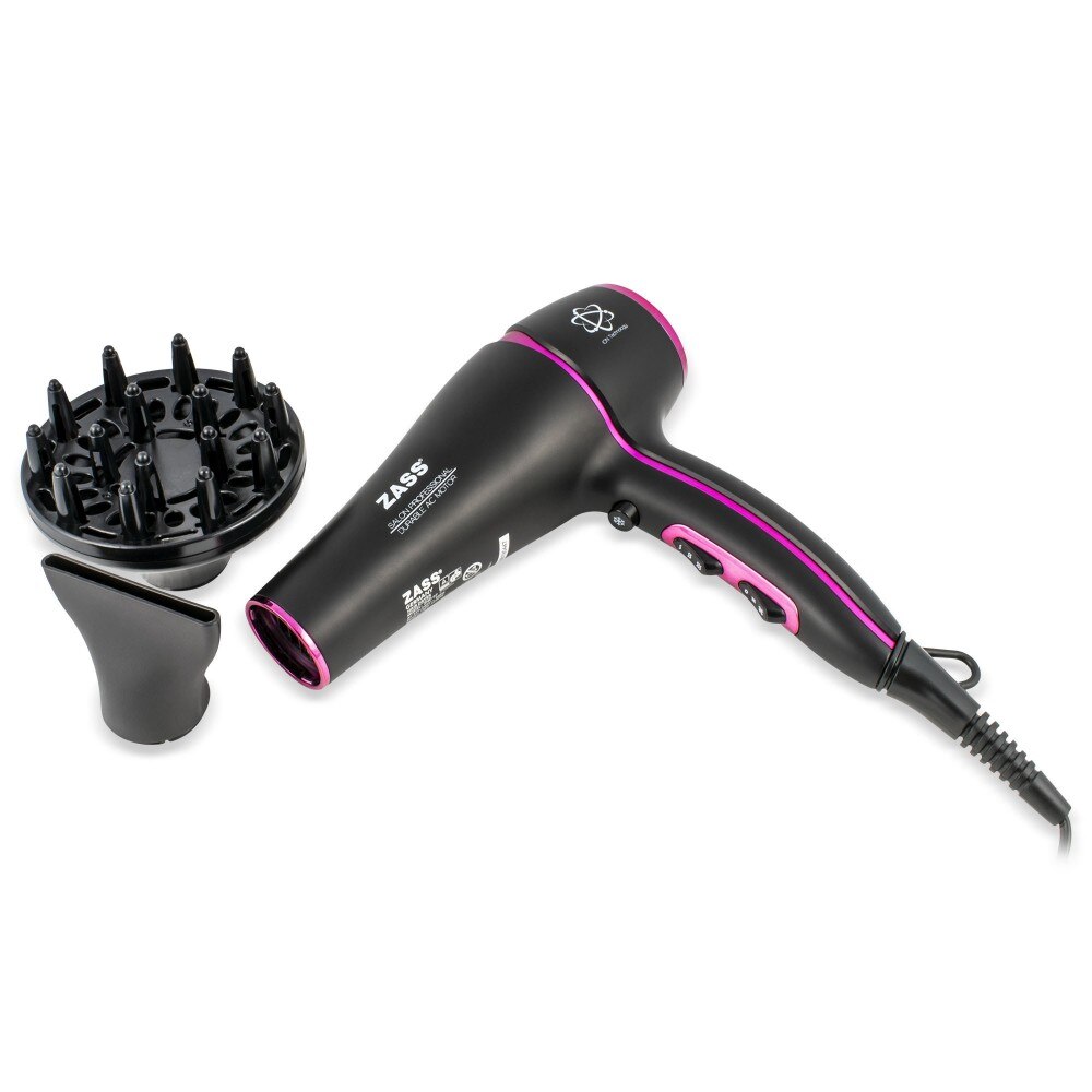 Uscator de par Zass, 1800 W - 2200 W, 2 viteze, 3 setari temperatura, functie ionizare si aer rece, negru cu roz