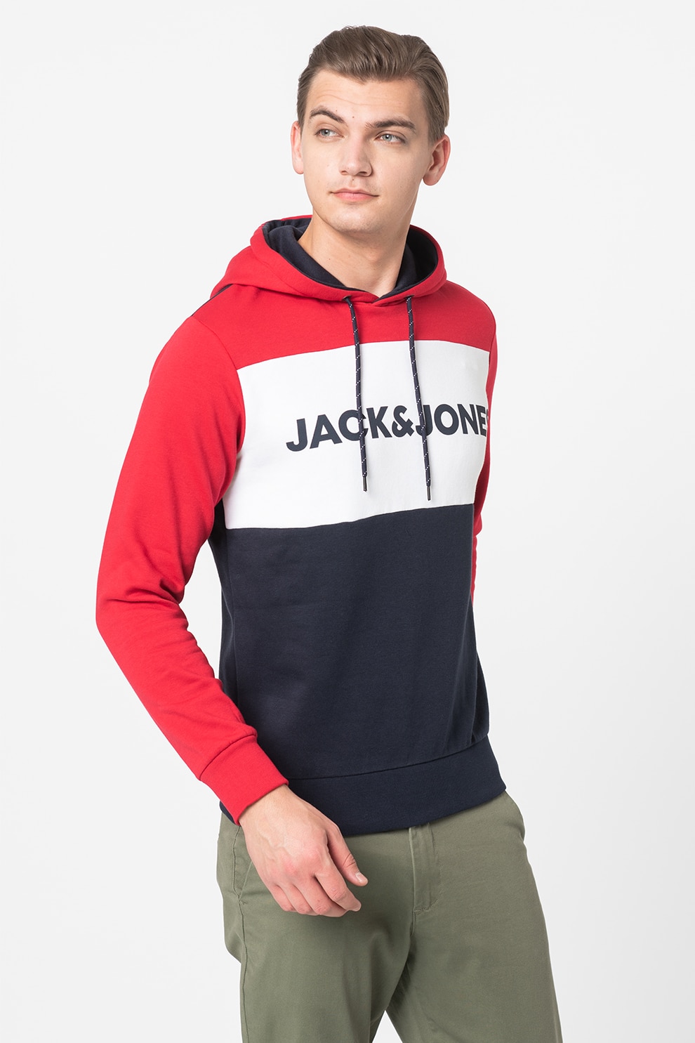 Jack&Jones, Hanorac cu model colorblock si logo, Rosu vermilion/Alb/Bleumarin