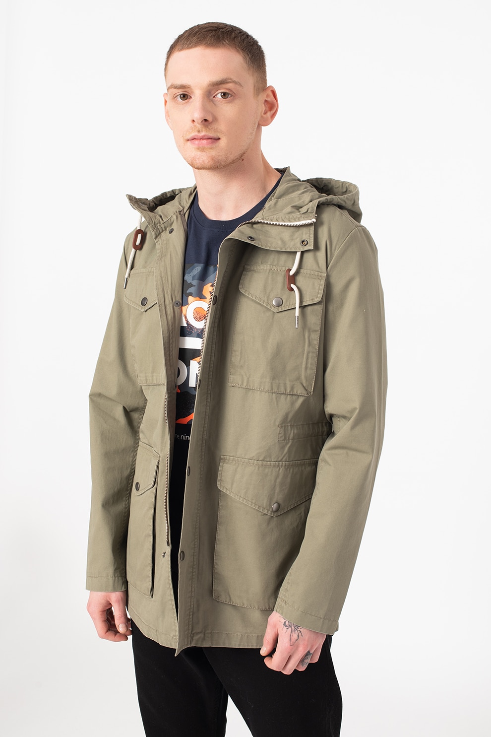 Selected Homme, Geaca parka cu gluga si buzunare aplicate West, Verde sparanghel, S