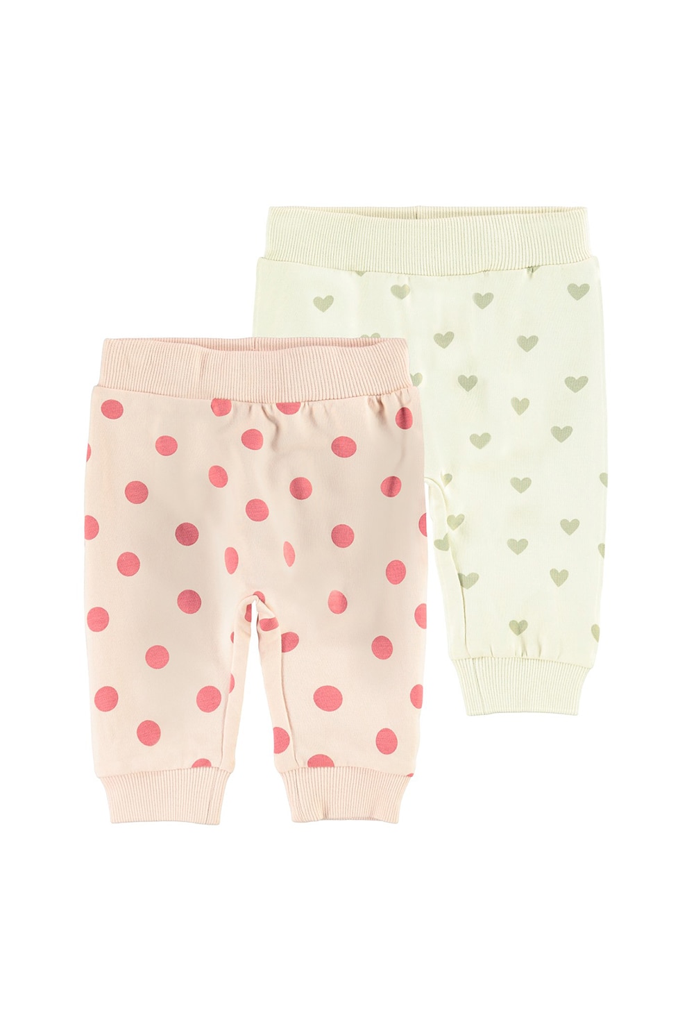 NAME IT, Set 2 perechi de pantaloni din amestec de bumbac organic, fete, cu buline si inimioare, Roz/Galben, Roz/Galben pai