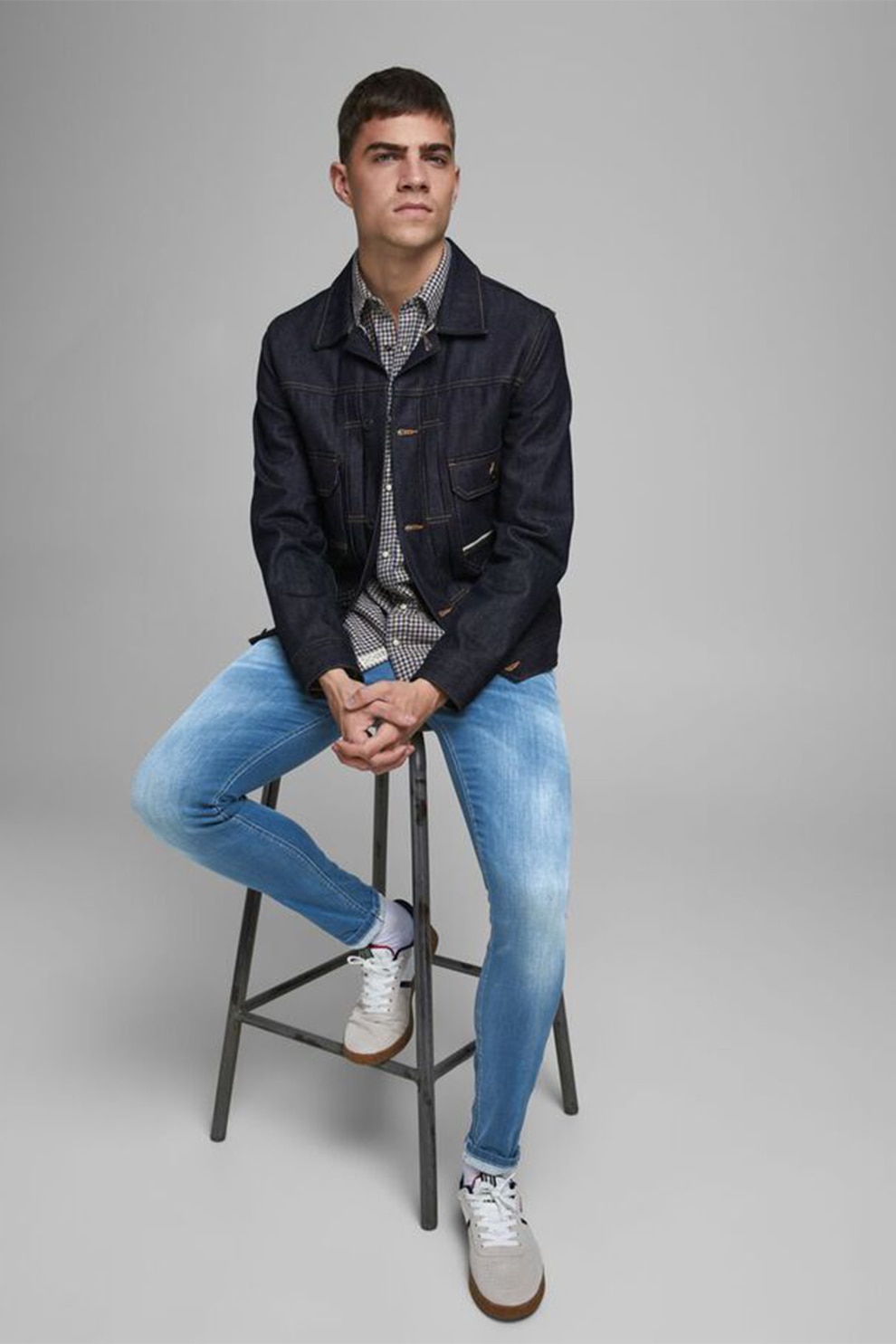 Jack&Jones, Blugi skinny cu aspect decolorat Liam Base, Bleu/Alb prafuit