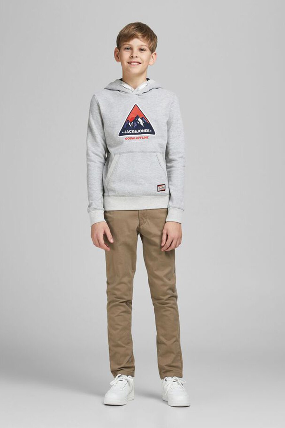 Jack&Jones, Hanorac cu imprimeu grafic si logo, 176 CM, Gri deschis