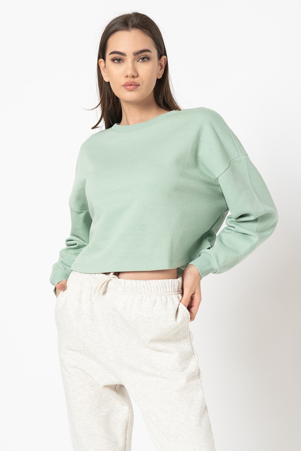 Only, Bluza sport crop din amestec de bumbac organic, Verde pal, M