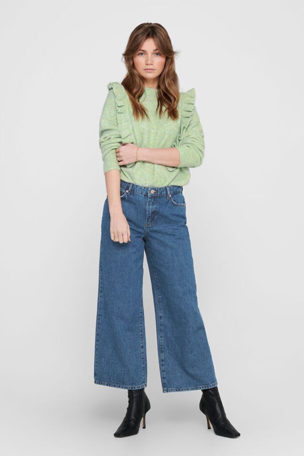 JdY, Pulover tricotat fin cu volane, Verde pal, XS