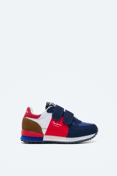 Pepe Jeans London, Pantofi sport cu inchidere velcro si insertii din plasa, Bleumarin/Rosu/Alb, 30 EU Pepe Jeans London, Pantofi sport cu inchidere velcro si insertii din plasa, Bleumarin/Rosu/Alb, 30 EU
