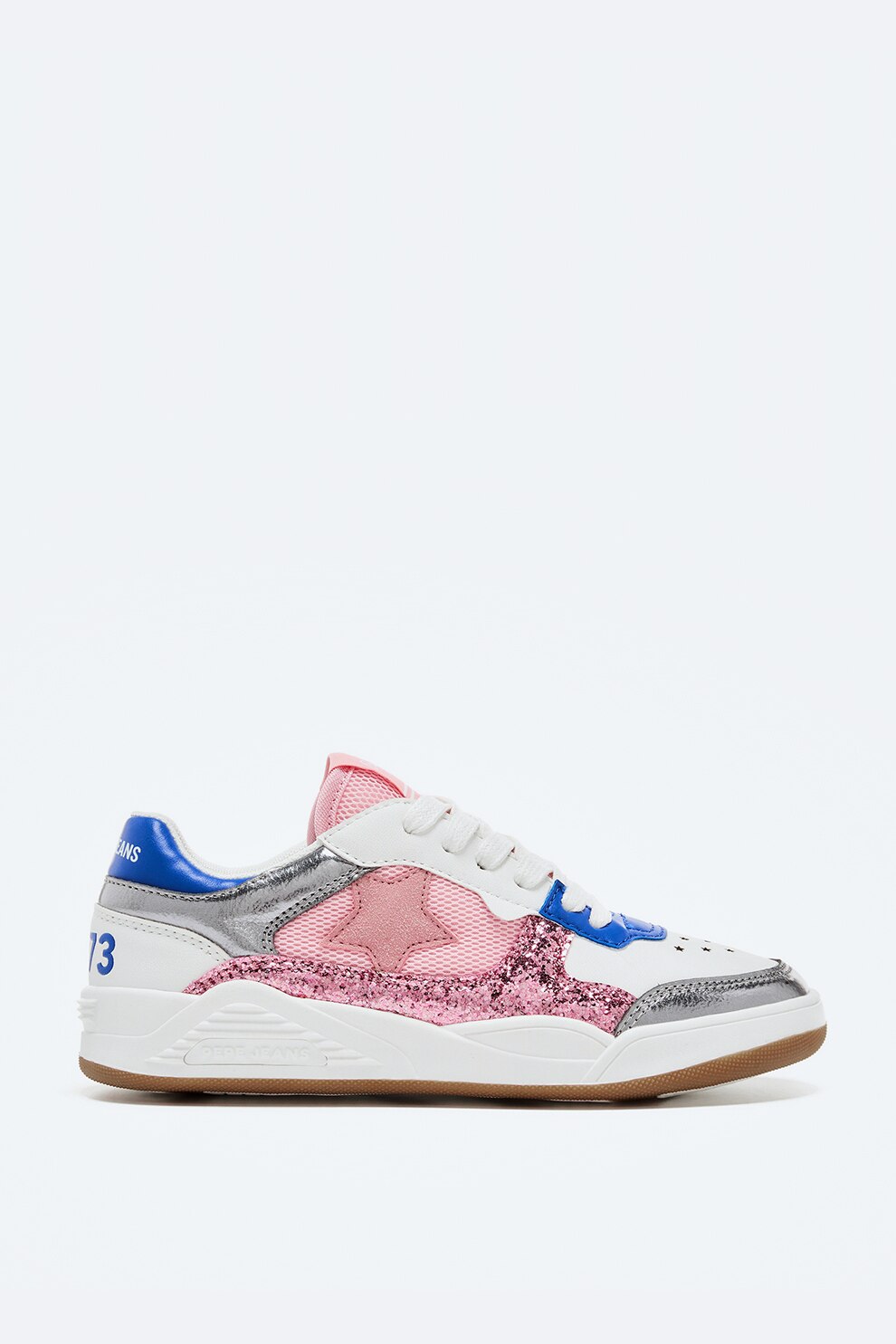 Pepe Jeans London, Pantofi sport cu detalii stralucitoare, Alb optic/roz/albastru royal, 39 EU