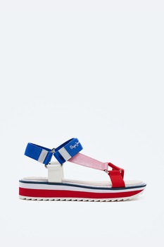 Pepe Jeans London, Sandale din material textil cu insertii de piele ecologica Pepe Jeans London, Sandale din material textil cu insertii de piele ecologica