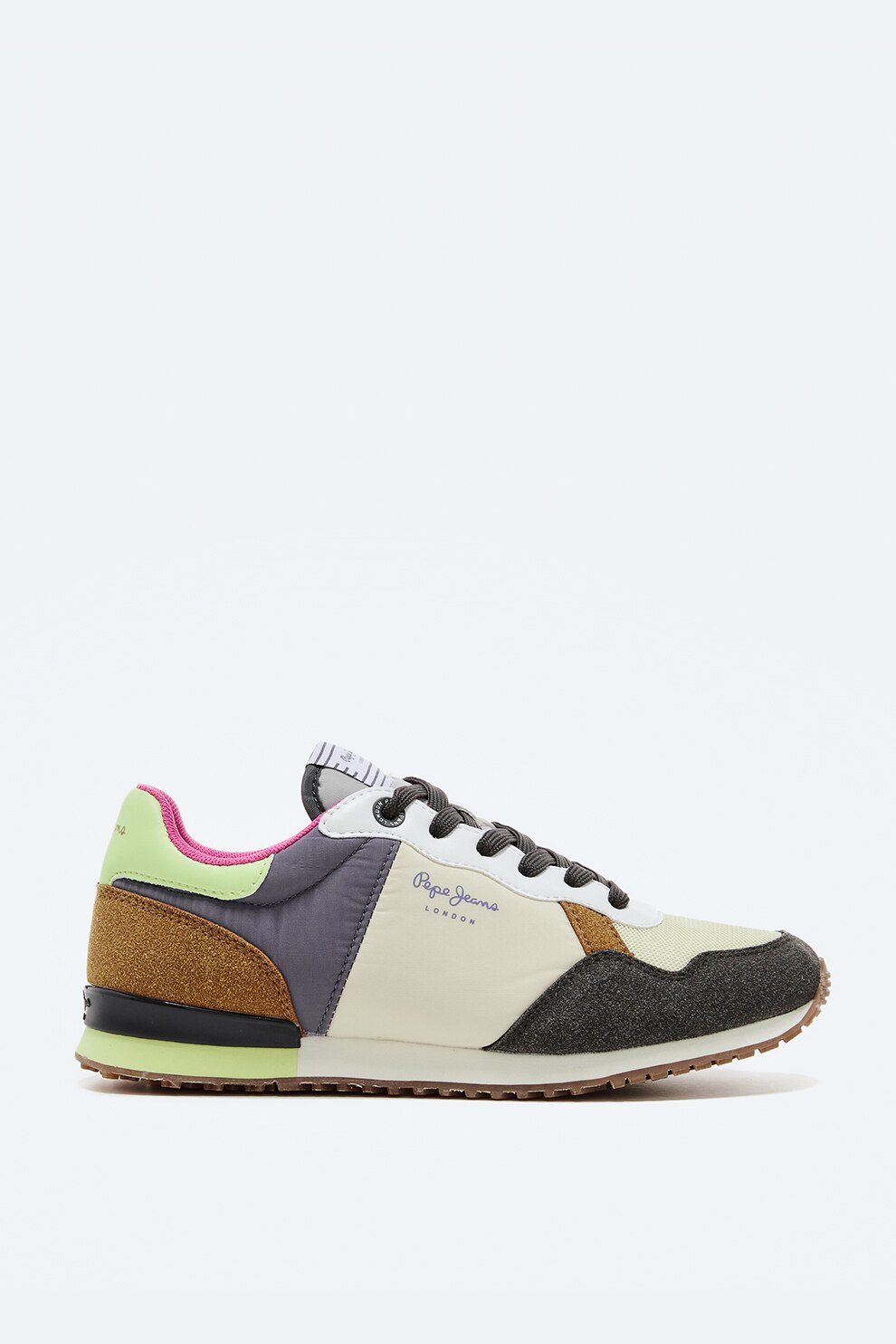 Pepe Jeans London, Pantofi sport din piele ecologica si piele intoarsa sintetica, Crem/violet ametist/gri inchis, 40