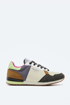 Pepe Jeans London, Pantofi sport din piele ecologica si piele intoarsa sintetica, Crem/violet ametist/gri inchis, 40 Pepe Jeans London, Pantofi sport din piele ecologica si piele intoarsa sintetica, Crem/violet ametist/gri inchis, 40