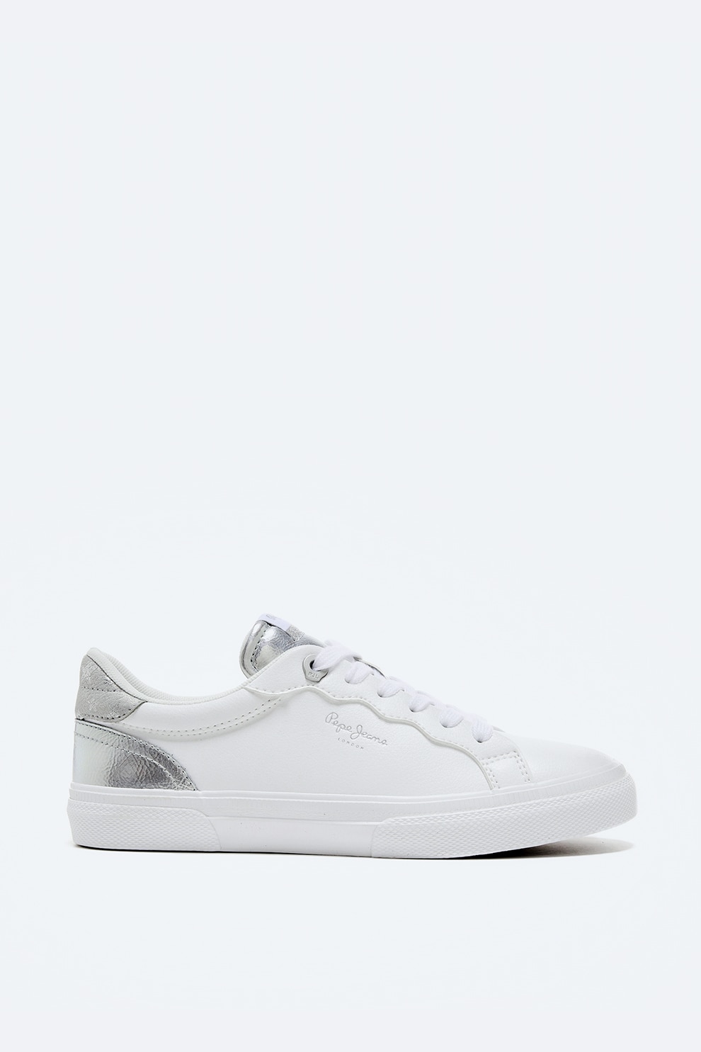 Pepe Jeans London, Pantofi sport de piele ecologica cu garnituri metalizate, Alb optic/Argintiu, 37