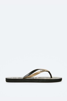 Pepe Jeans London, Papuci flip-flop cu detalii logo, Auriu/Negru, 40 Pepe Jeans London, Papuci flip-flop cu detalii logo, Auriu/Negru, 40