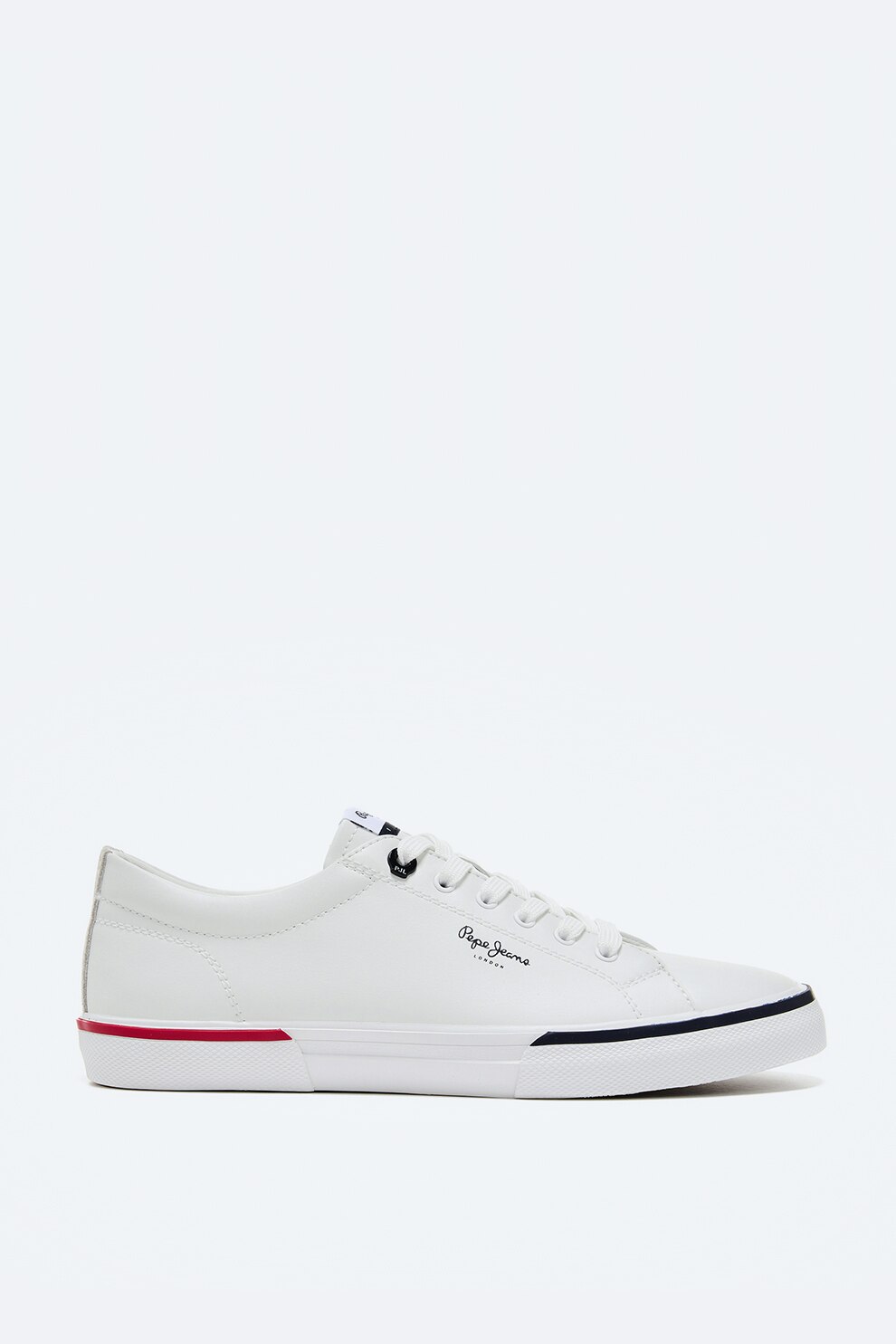 Pepe Jeans London, Pantofi sport de piele ecologica cu insertie de piele intoarsa, Alb optic/Bleumarin/Rosu, 44