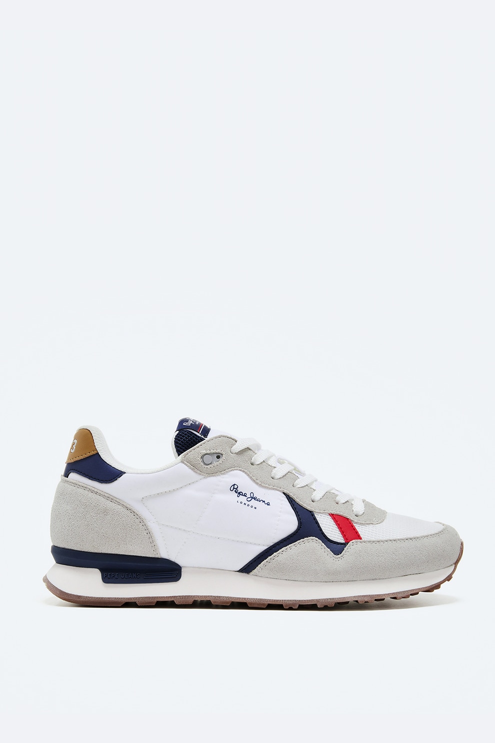 Pepe Jeans London, Pantofi sport din material textil cu garnituri din piele intoarsa, Alb optic/gri deschis/bleumarin, 44