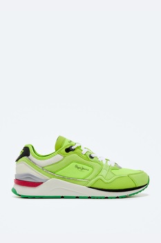 Pepe Jeans London, Pantofi sport de piele intoarsa ecologica si material textil, Verde lime/Alb prafuit, 44 Pepe Jeans London, Pantofi sport de piele intoarsa ecologica si material textil, Verde lime/Alb prafuit, 44