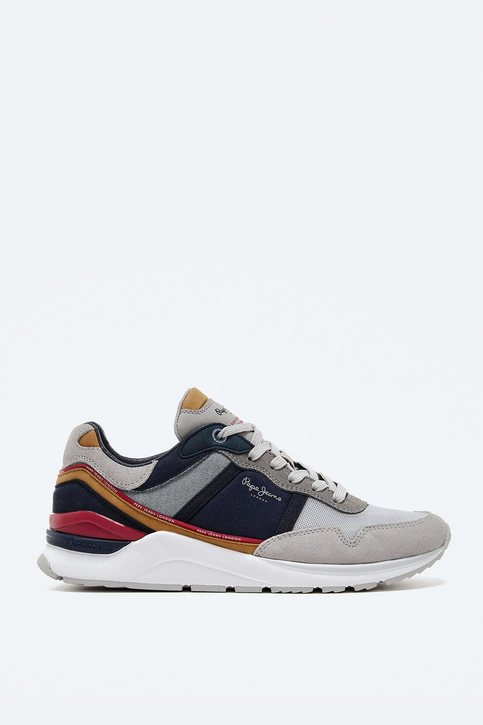 Pepe Jeans London, Pantofi sport de piele intoarsa si material textil, Gri/Bleumarin/Rosu, 44