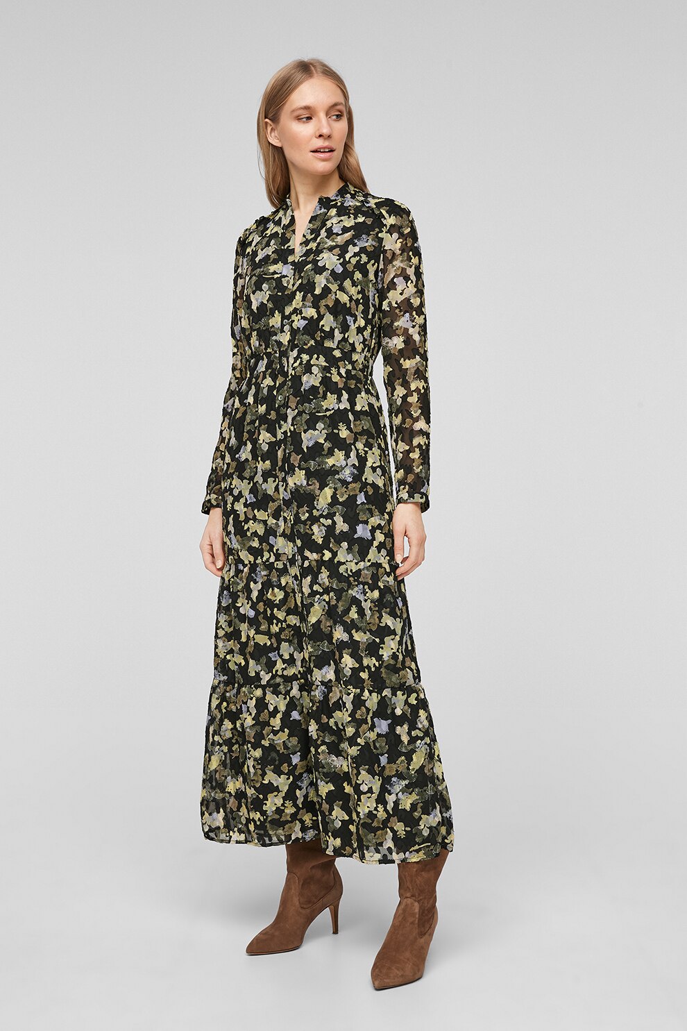 s.Oliver, Rochie tip camasa cu imprimeu abstract, Negru/Galben/Lila