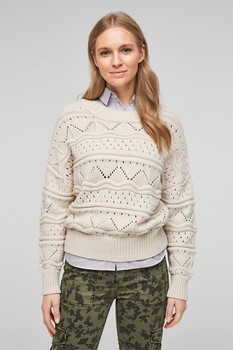 s.Oliver, Pulover cu decolteu la baza gatului si model cu perforatii, Crem s.Oliver, Pulover cu decolteu la baza gatului si model cu perforatii, Crem