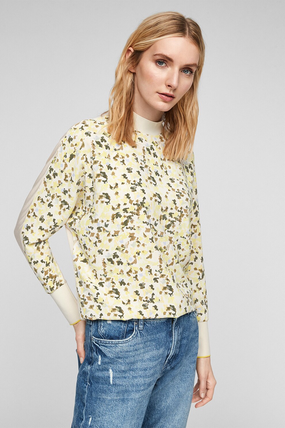 s.Oliver, Bluza cu imprimeu si guler scurt, Bej/Galben/Albastru