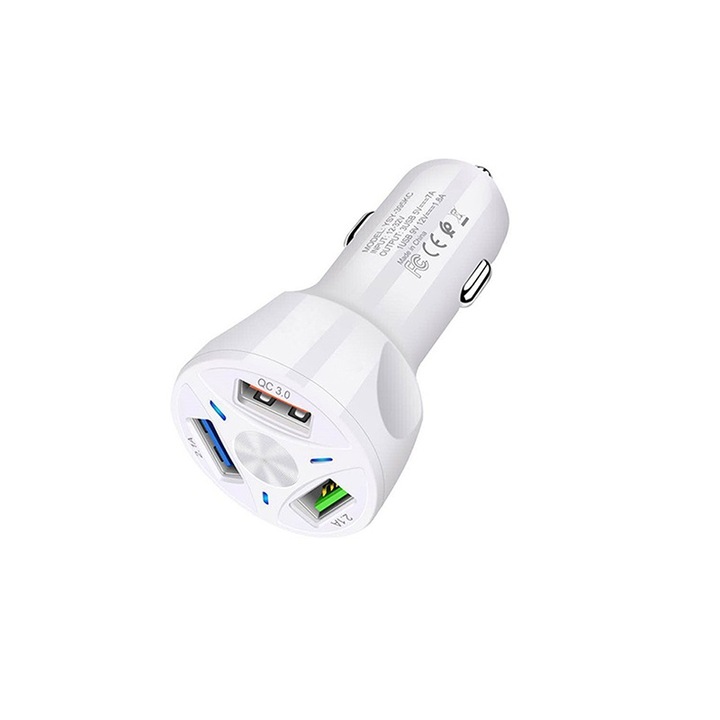 Incarcator Auto pentru Masina, 3 Porturi USB 3.0 cu Incarcare Rapida si Multiple Protectii de Siguranta, Alb, Garami Shop