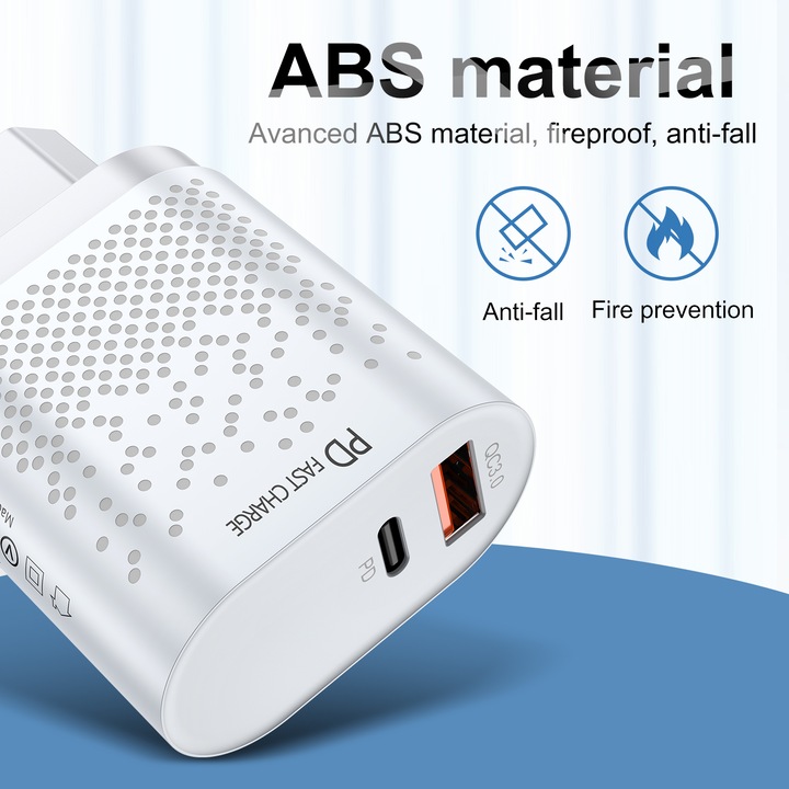 Incarcator Retea si Priza Inteligent cu 2 Porturi USB Ultra Charge 1x USB 3.0 si 1x USB Tip C cu Incarcare Super Rapida Compatibil Universal, Alb, Original Deals