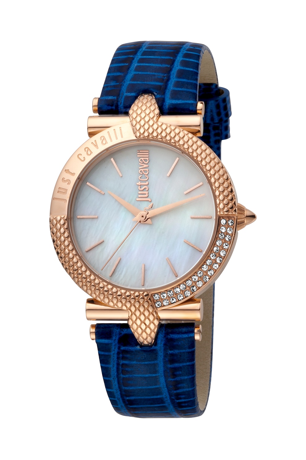 JUST CAVALLI, Ceas cu o curea de piele si aplicatii cu zirconia, Bleumarin/Auriu