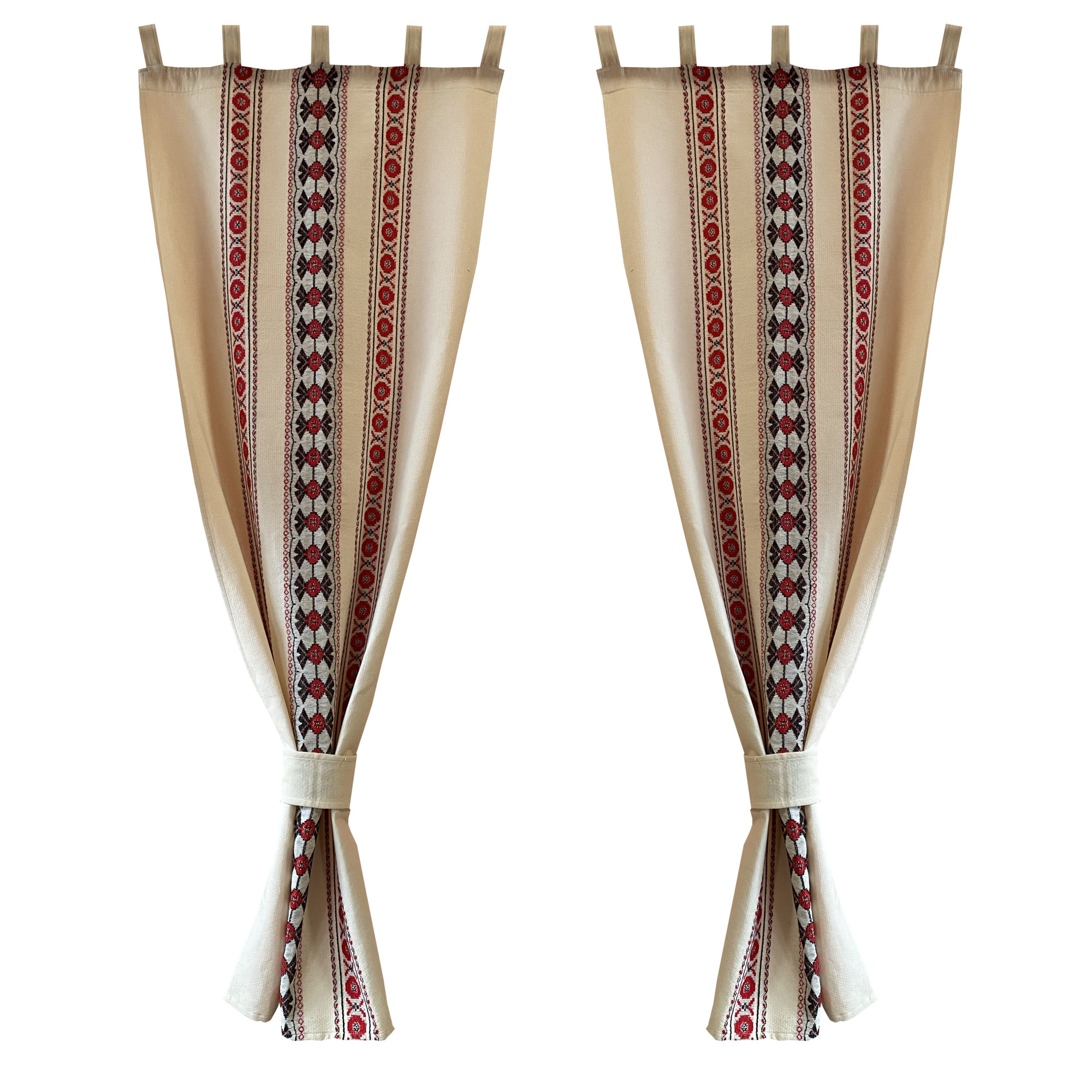 Draperie Liana, rosu, 60 cm x 150 cm, cu motiv Etno, 100% bumbac