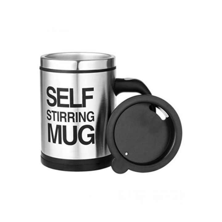 Cana Smart cu autoamestecare si capac cu 2 baterii tip AAA, Self-stirring Mug neagra,350 ml, Doty