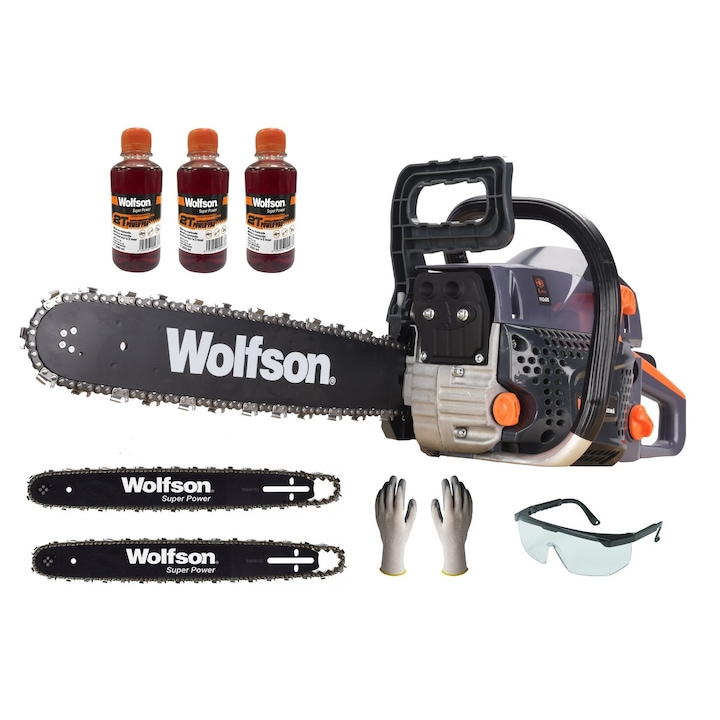 Wolfson STX-580 Professzionális láncfűrész készlet, 2311W, 52cc, 2 láncvezető és 2 lánc, kesztyű, védőszemüveg, 3 db 2T olaj