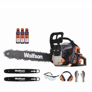 Drujba profesionala WOLFSON® STX-620, 2610W, 58cc, 2 lame si 2 lanturi, manusi, ochelari, casti, 3 uleiuri 2T incluse