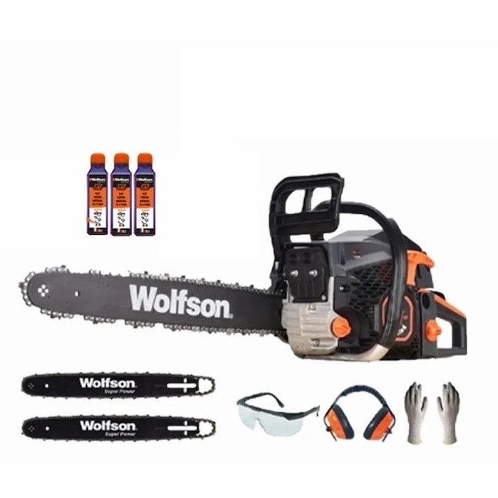 Wolfson professzionális láncfűrész készlet, 2610W, STX-620, 58cc, 2 penge és 2 lánc, kesztyű, védőszemüveg, fejhallgató, 2T, olaj, 3 db
