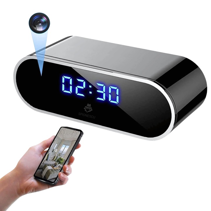 Camera spion ascunsa in ceas desteptator, Spionescu, rezolutie 1080P, WIFI, detectare miscare, baterie 4000 mAh, unghi de vizualizare 140°, negru