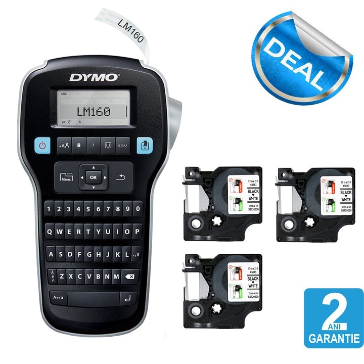 Start kit Dymo LabelManager 160 aparat etichetat cu 3 x Banda originala Dymo D1 D1 12mm x 7m, negru/alb S0946320, S0720530