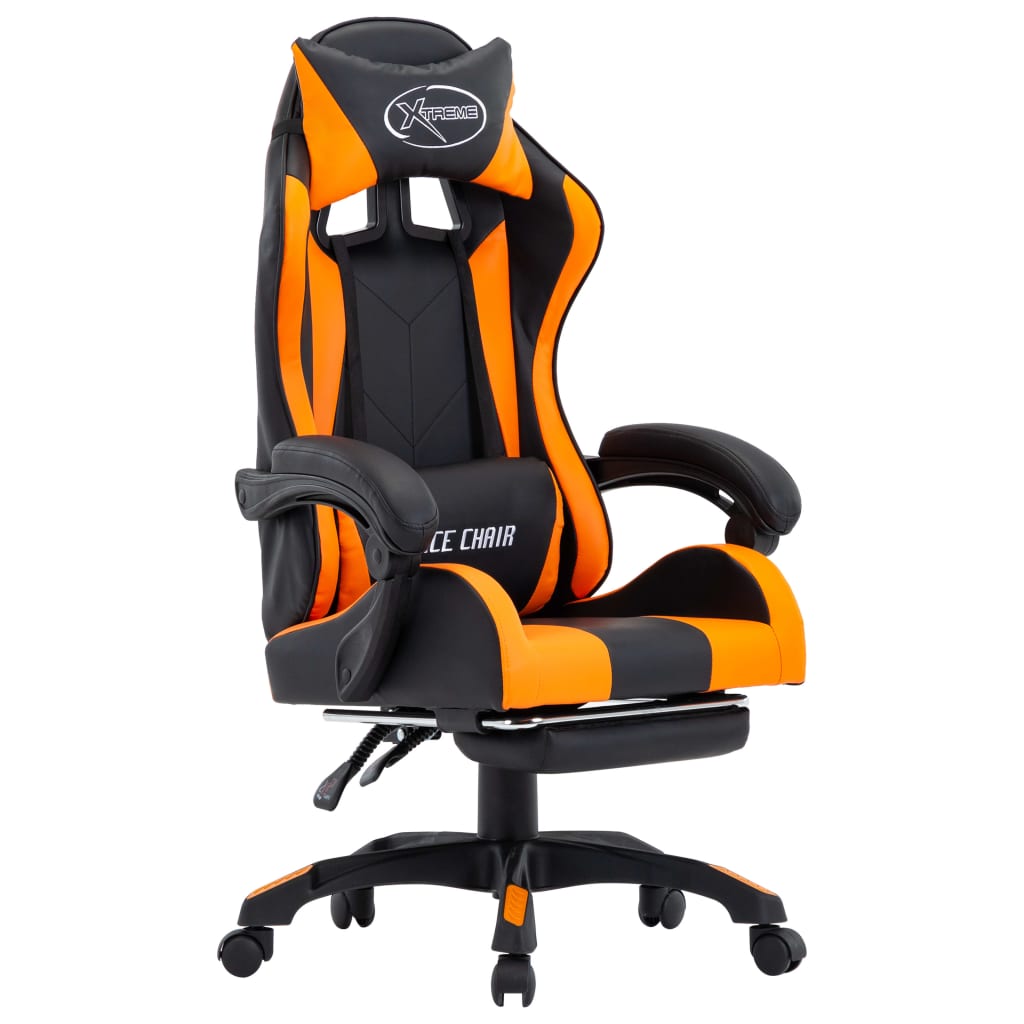 Scaun de gaming cu suport picioare, vidaXL, Piele ecologica, 64 x 65 x (111,5-119) cm, Negru/ortocaliu