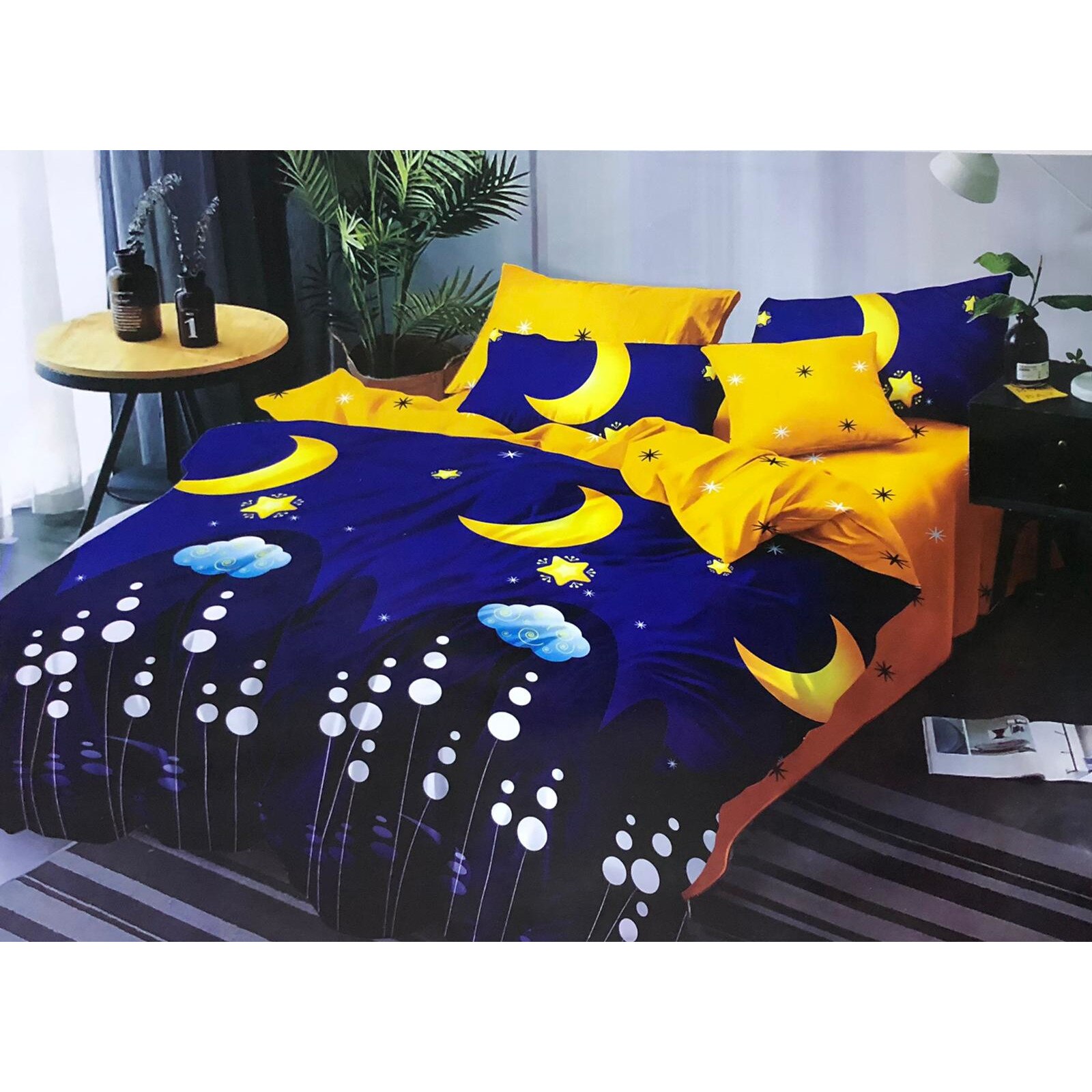 Lenjerie de pat 2 persoane, 6 piese, Finet Super Elegant, Semiluna si Stele, LikeStore