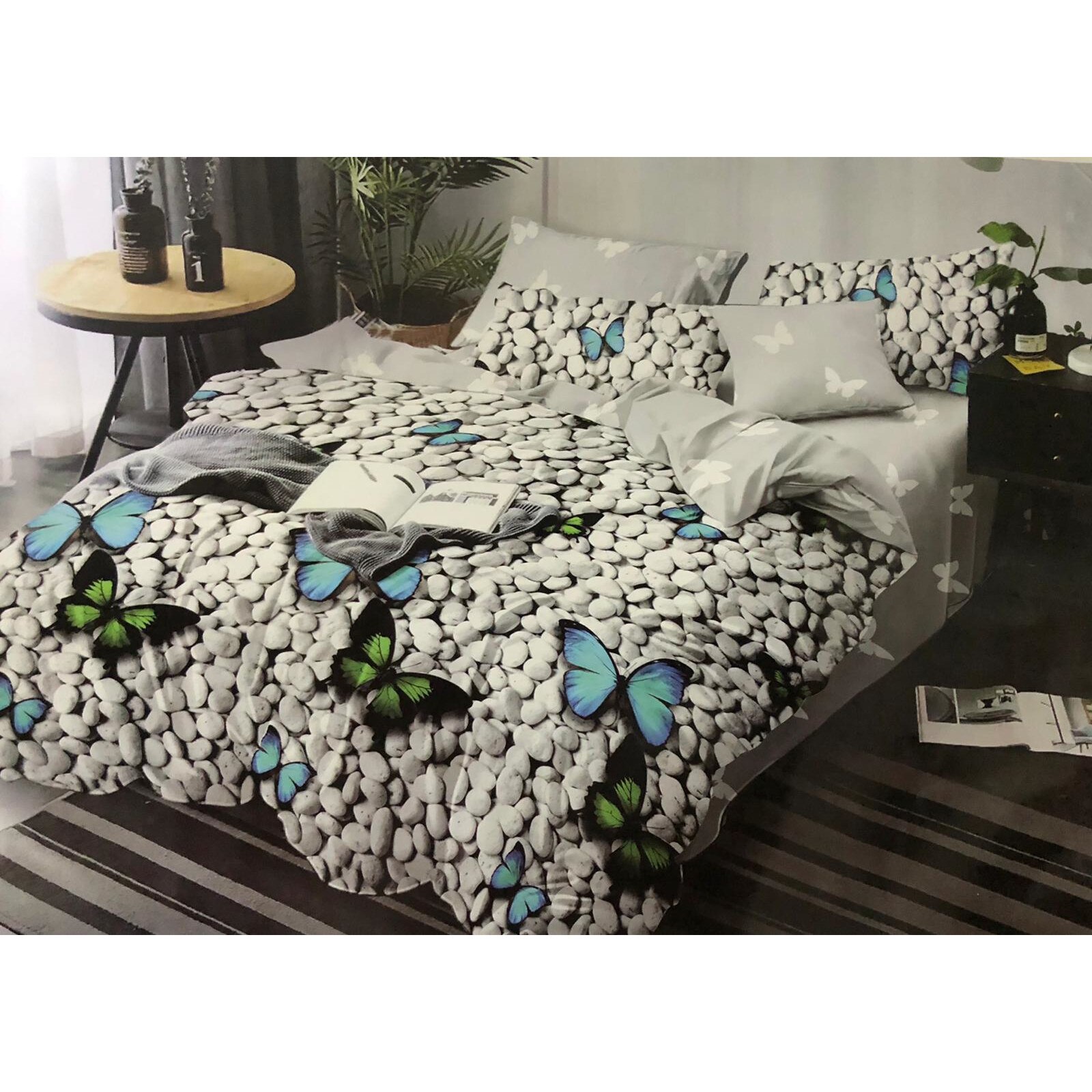 Lenjerie de pat 2 persoane, 6 piese, Finet Super Elegant, Pietre si Fluturi, LikeStore