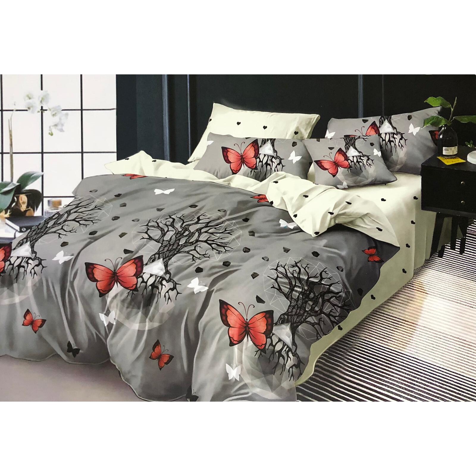 Lenjerie de pat 2 persoane, 6 piese, Finet Super Elegant, Gri cu Fluturi, LikeStore