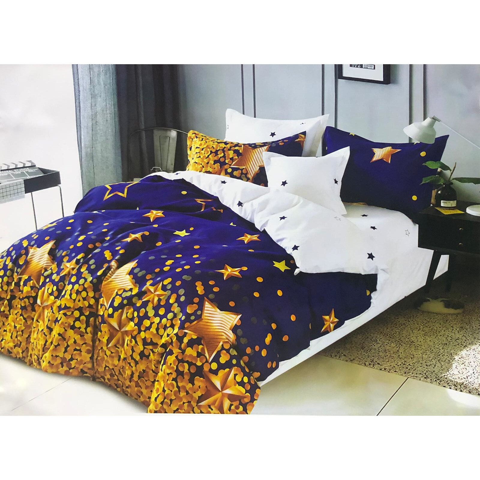 Lenjerie de pat 2 persoane, 6 piese, Cearsaf pat cu elastic, Finet Super Elegant, Stele, LikeStore